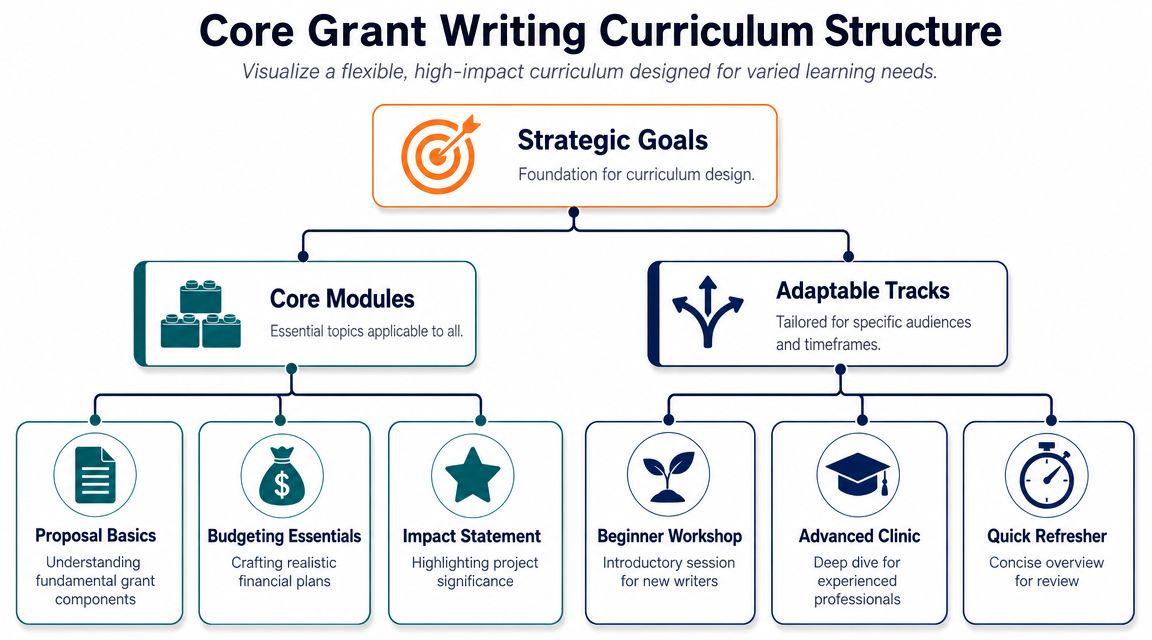 A diagram illustrating the core grant writing curriculum structure, highlighting essential modules and adaptable learning tracks.