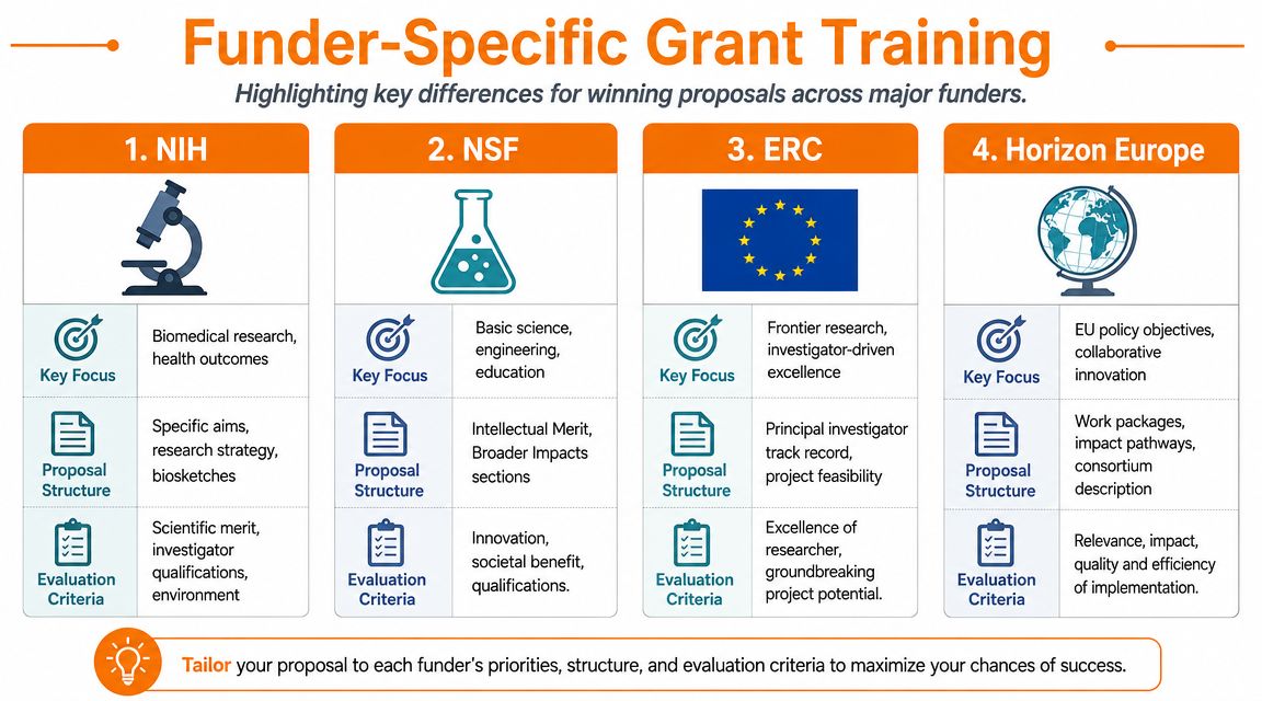 An infographic summarizing key proposal requirements and evaluation criteria for NIH, NSF, ERC, and Horizon Europe grants.