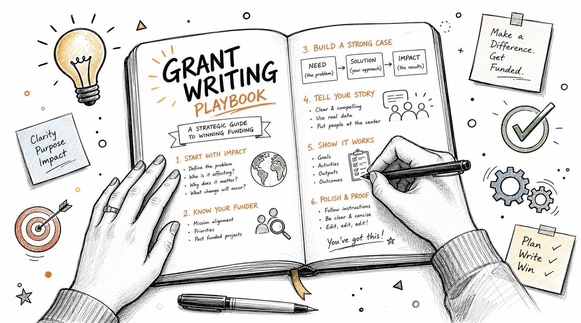 An illustrated open notebook titled Grant Writing Playbook with six steps for winning funding displayed.