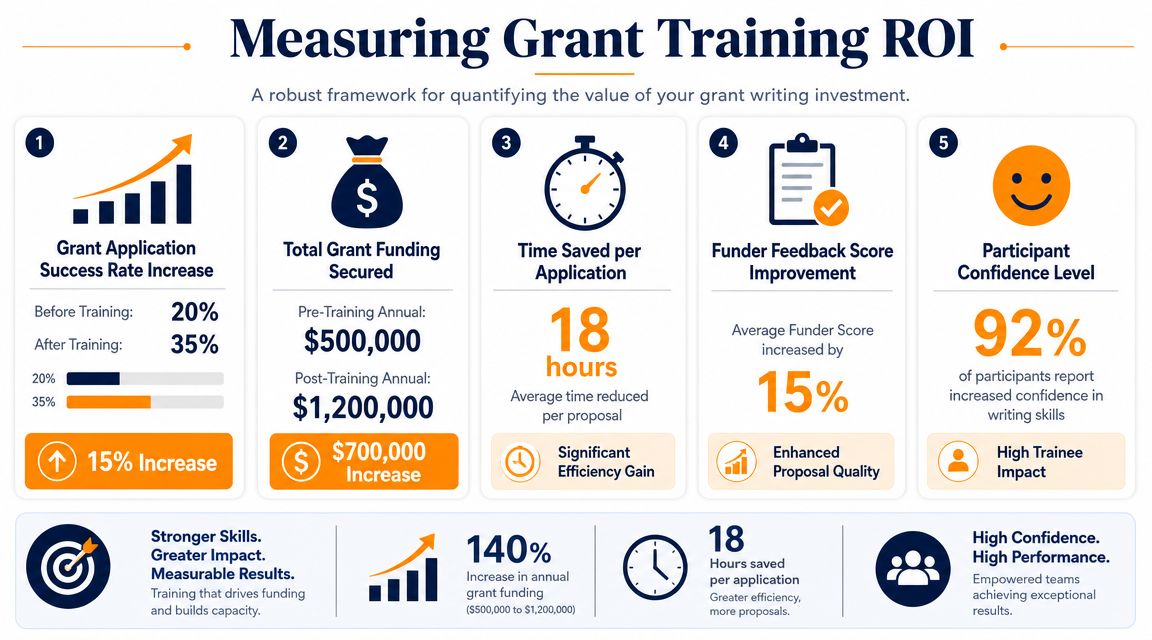 An infographic detailing five key metrics for measuring the return on investment of grant proposal writing training.
