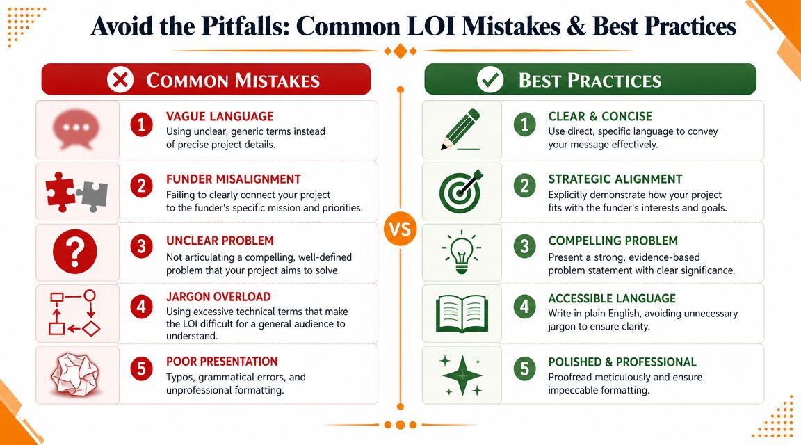 A comparison chart showing common LOI mistakes versus best practices for grant applications.