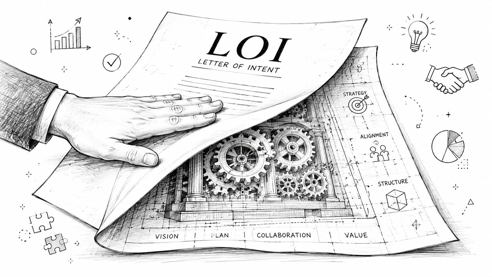 A hand holding up a Letter of Intent document to reveal complex mechanical gears underneath.